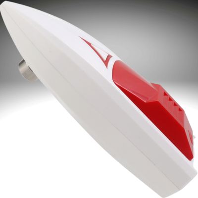 Ouvre-boîte électrique blanc avec poignée rouge et bouton rouge sur fond gris.
