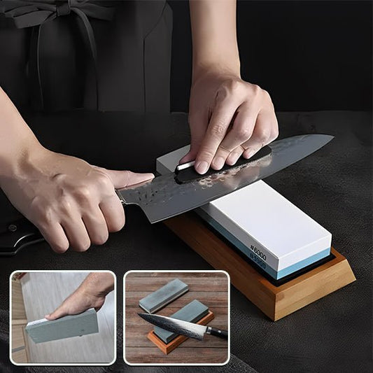 deux mains aiguisent un couteau muni d'un guide sur une pierre à aiguiser blanche