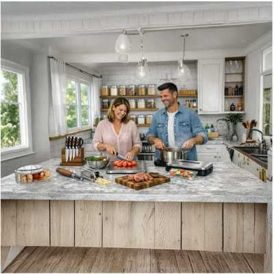 couple souriant  dans une cuisine lumineuse, devant le plan de travail recouvert d'ustensoles dze cuisine 