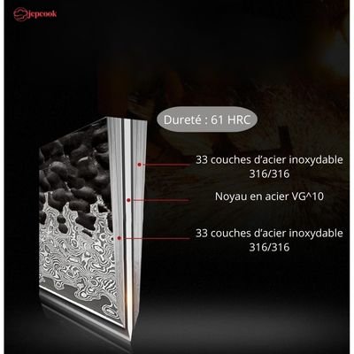 coupe d'une lame de couteau damas montrant les différentes couches d'acier et l'affûtage en V