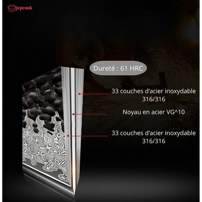 coupe d'une lame de couteau damas montrant les différentes couches d'acier et l'affûtage en V