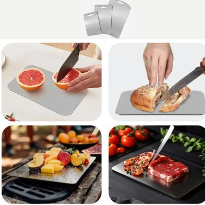 4 images de planche à découper en titane, découpe d'une orange, découpe d'un gâteau, découpe de fruits, découpe de viande
