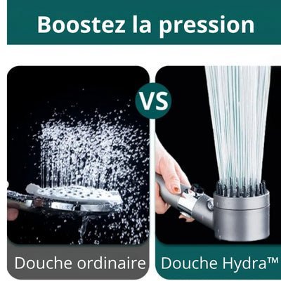 Comparaison Douche ordinaire vs Douche Hydra: spray fin et jets multi-filaments dans un dispositif de rasage/cuisine moderne.