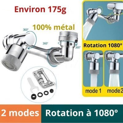 Robinet rotatif ROBI 1080™ en métal argenté avec étiquette 360° et rotation à 1080°, modes 1 et 2, aéreateur universel inclus, environ 175 g.