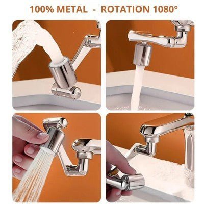 ROBINET ROTATIF 1080° en métal avec aérateur universel montrant rotation, lavage et remplissage d’évier en images.