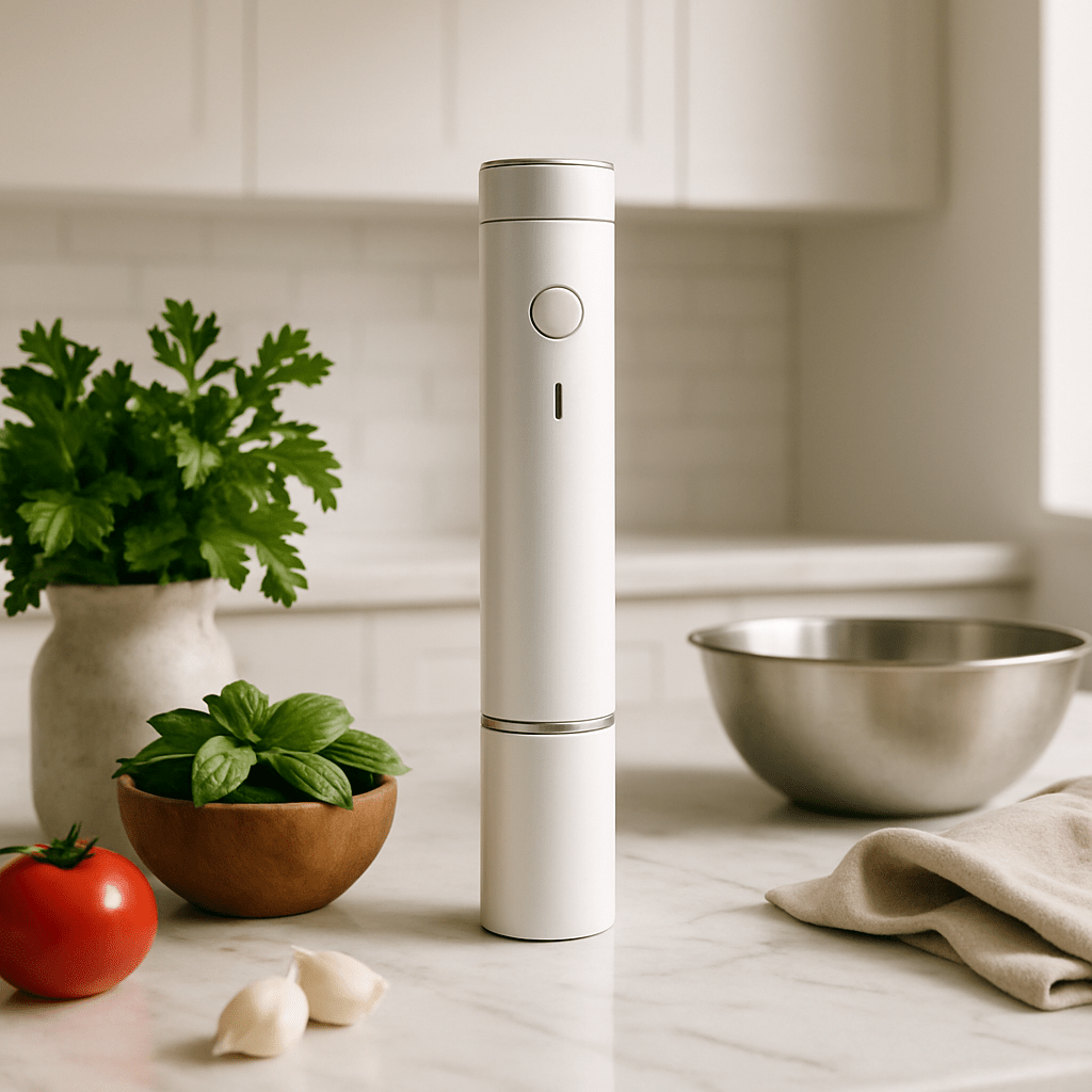Appareil sous-vide blanc cylindrique debout au centre d’une cuisine, avec légumes et bols autour.