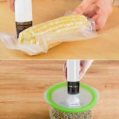 APPAREIL MISE SOUS VIDE : fermeture d’un sac de maïs frais et extraction d’air avec l’appareil, puis scellage du contenu dans un récipient hermétique.