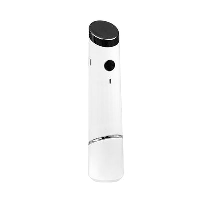 Appareil sous vide cylindrique blanc et chrome avec bouton noir et capuchon en haut, design élégant.