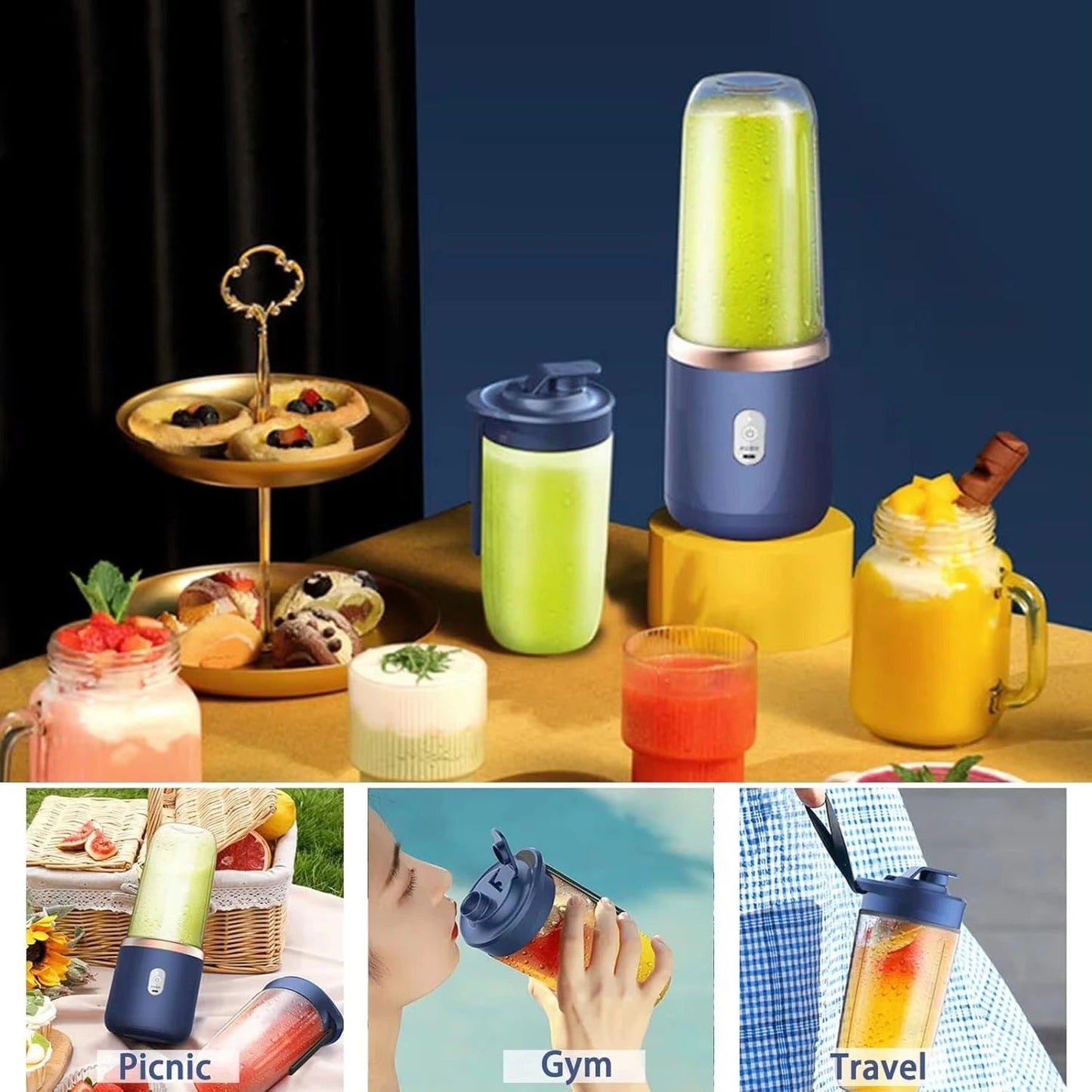 blender smoothie posé sur ue table avec différentes préparations, et en dessous, les utilisations en picnic, à la gym, ou en voyage
