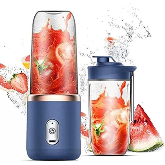 blender smothie bleu  faisant un jus de fraises, avec des morceaux de pastèque à côté