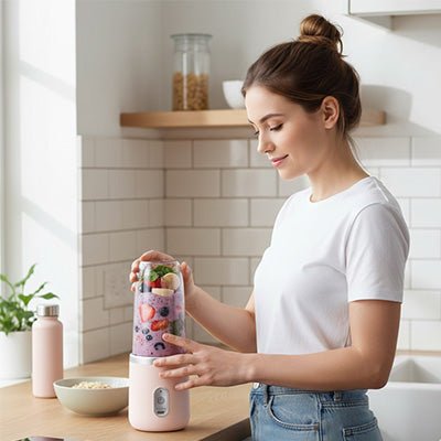 femme faisat un smoothie de futti frutti dans le blender smoothie devant la fenêtre desa cuisine