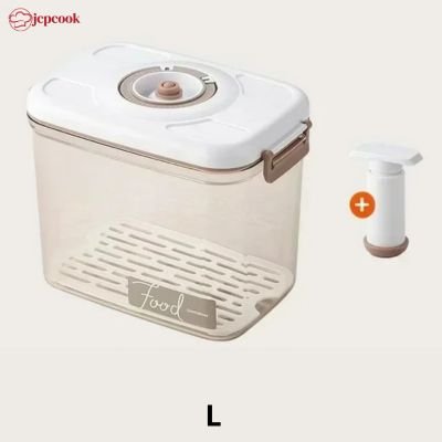 Boîte de conservation alimentaire sous vide blanche avec tiroir transparent et accessoire pompe à vide à côté, grande capacité
