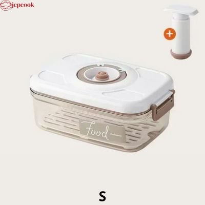 Boîte de conservation alimentaire sous vide blanche et beige, couvercle blanc, logo « Food », valve de mise sous vide et détail ajoutant une option de pompe.