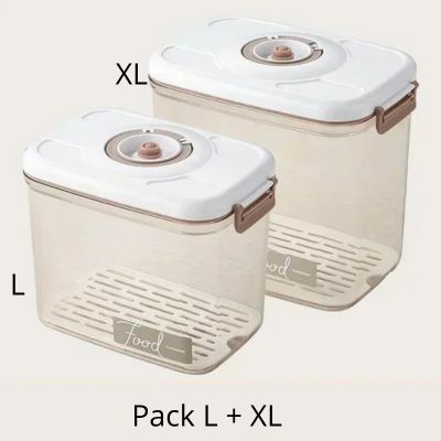 Boîtes de conservation alimentaire sous vide jaune clair et blanc, tailles L et XL en pack L+XL avec couvercles blancs, valves,  et poignées marron.