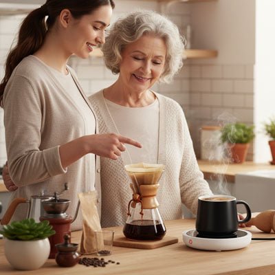 jeune femme fait couler du café et montre à sa mère le chauffe tasse posé à côté 