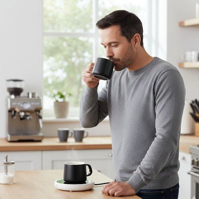 un homme debout dans sa cuisine, entrain de boire un café, avec une autre tasse posée sur le chauffe tasse
