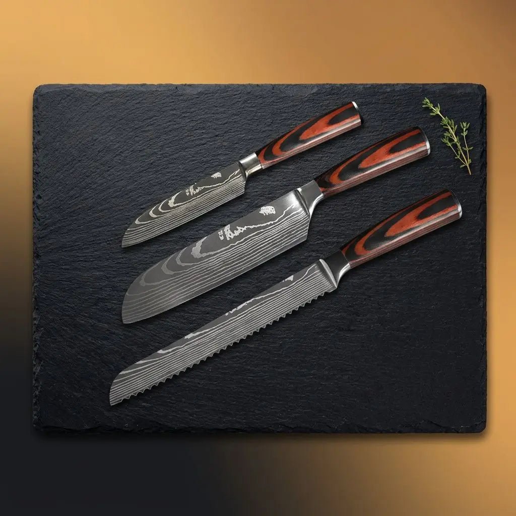 Couteau japonais—set de couteaux de cuisine avec lames damassées et manches bicolores rouges et noirs sur une plaque noire.