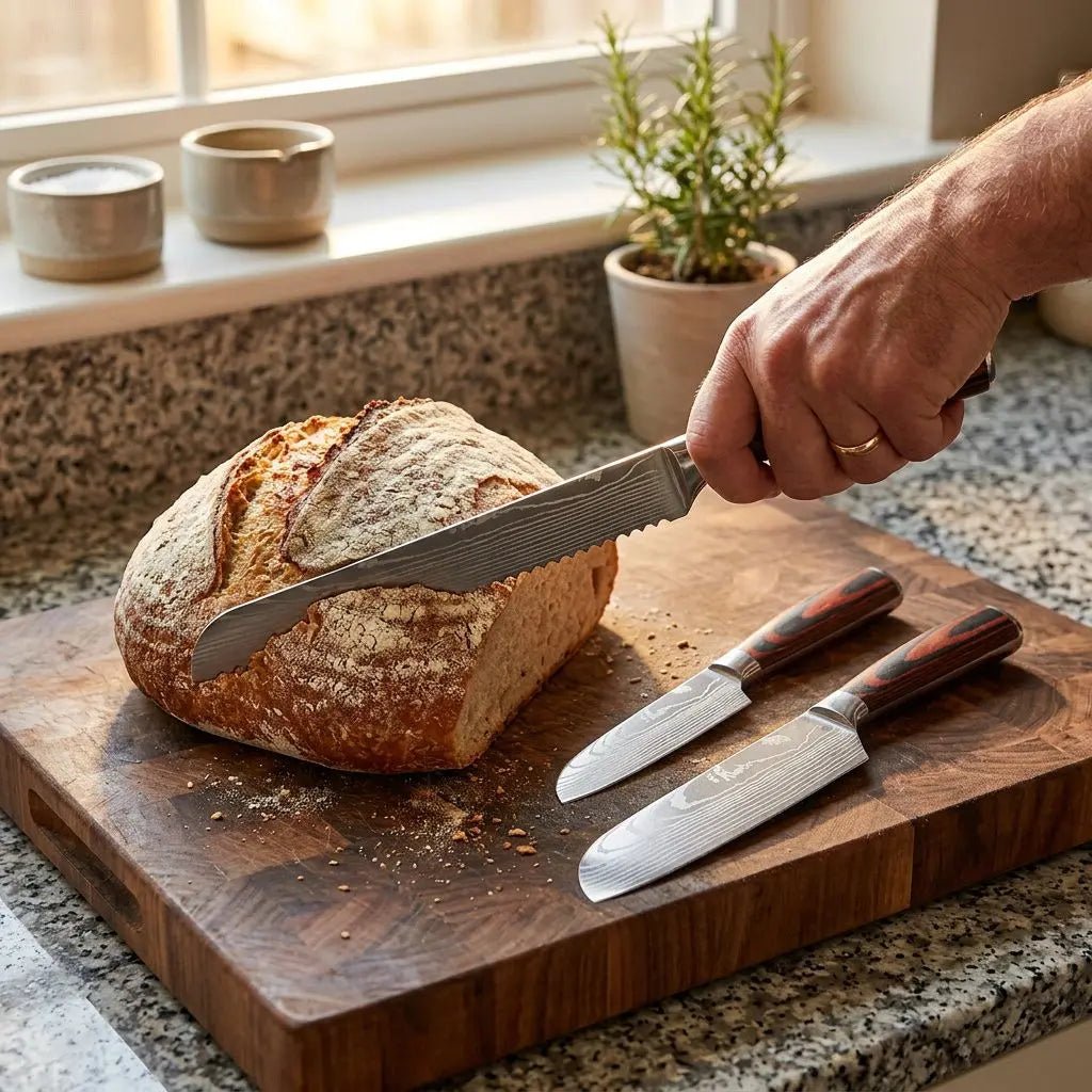 Homme tranchant une miche de pain sur une planche en bois avec un couteau japonais, deux autres couteaux de cuisine au premier plan, lumière naturelle. Couteau japonais - SET DE COUTEAUX DE CUISINE.