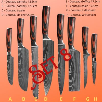 Couteau japonais – ensemble de couteaux de cuisine avec manches sombres et lames noires marbrées, étiquetés A à H sur fond orange.