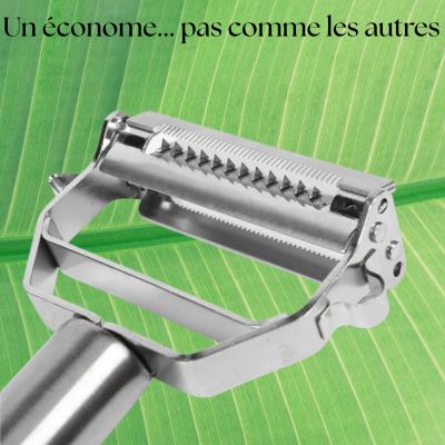 Éplucheur à légumes multifonction en acier inoxydable avec lames croisées,  et mécanisme de rotation, sur fond feuille verte .