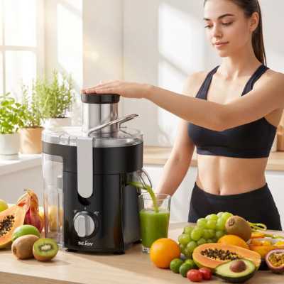 femme utilise lextracteur de jus avec une multitude de fruits autour d'elle ; papaye, raisins, pêches, kiwi
