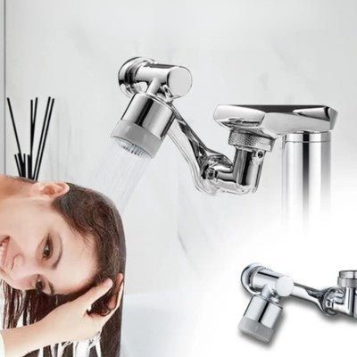 Robinet rotatif 1080° ROBI 1080™ avec aéateur universel, montrant flexible douche et pommeau en chrome.