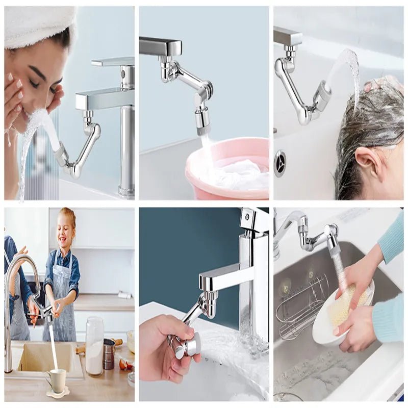 ROBinet rotatif 1080° ROBI 1080™ avec éjeteur universel: collage de six photos montrant son installation, lavage, et utilisation domestique.