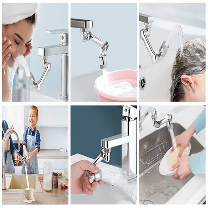 ROBinet rotatif 1080° ROBI 1080™ avec éjeteur universel: collage de six photos montrant son installation, lavage, et utilisation domestique.