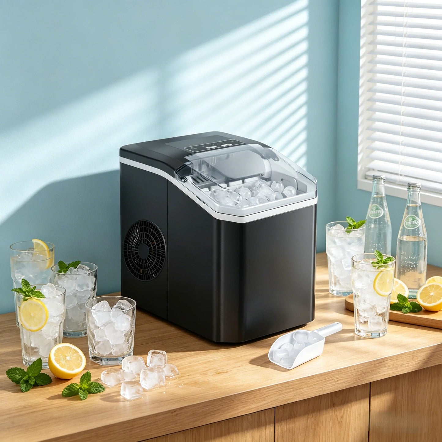 machine à glaçons sur un plan de travail en bois, entourée de verres remplis de glaçons et de sodas