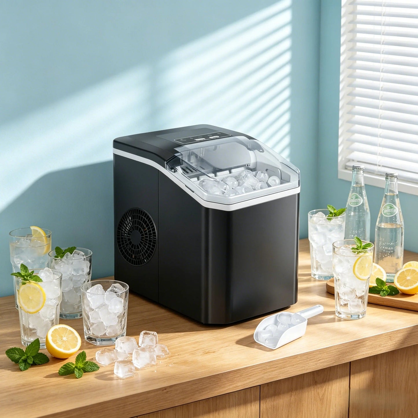 machine à glaçons sur un plan de travail en bois, entourée de verres remplis de glaçons et de sodas
