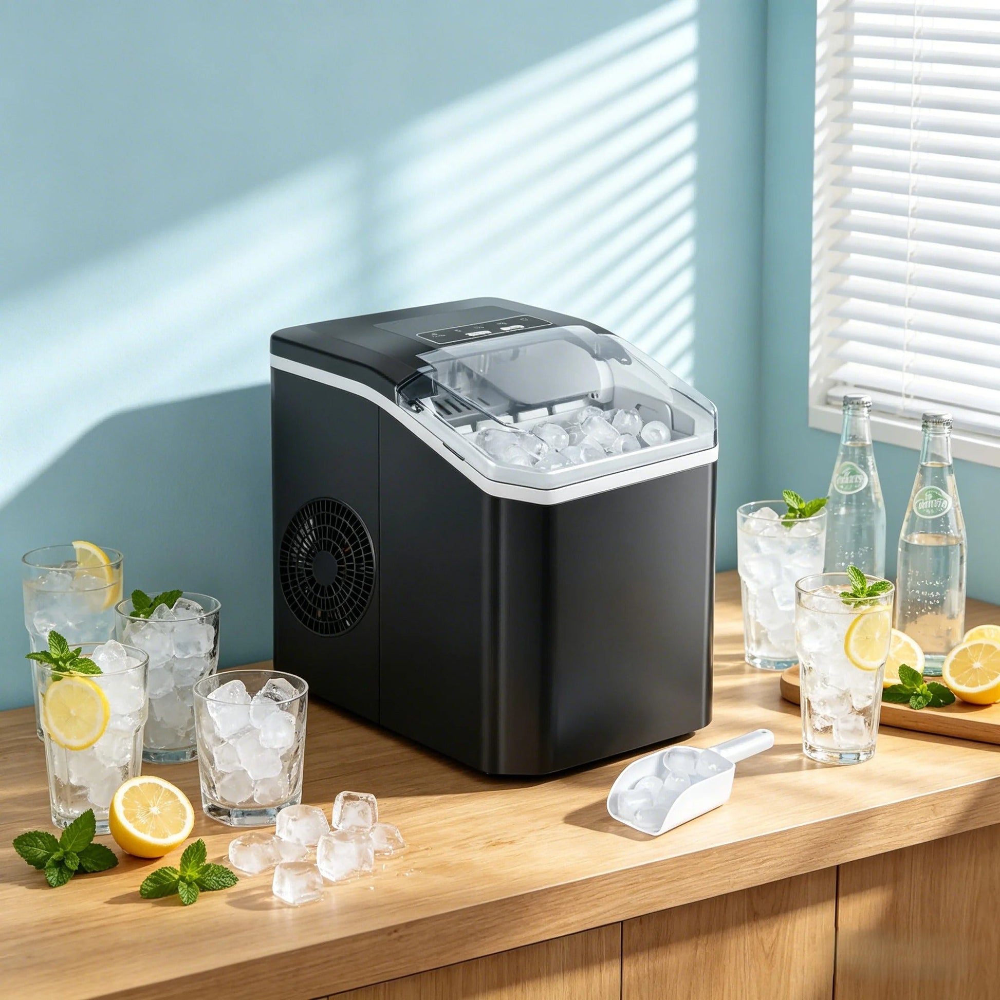 machine à glaçons sur un plan de travail en bois, entourée de verres remplis de glaçons et de sodas
