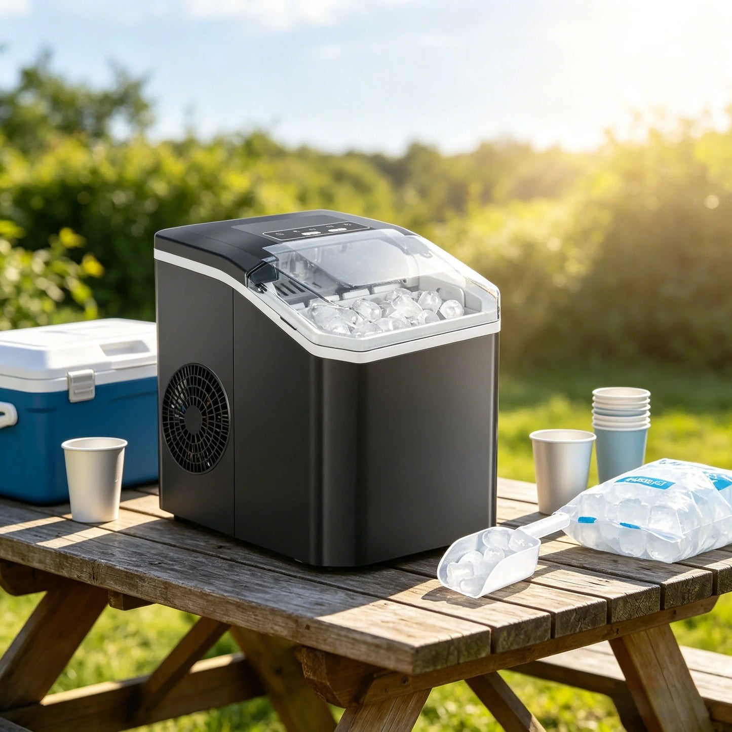 machine à glaçons posée sur une tabe dans un jardin ensoleillé, avec une poche remplie de glaçons à côté, et des verres en carton.