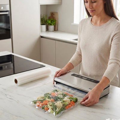machine mise sous vide alimentaire emballe un mélage de légumes avec un roueau de sacs posé à côté