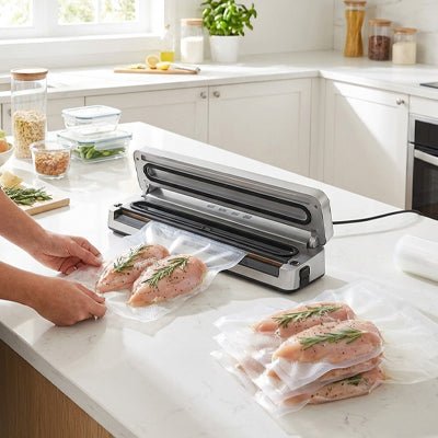 machine mise sous vide alimentaire scelle plusieurs sacs de blancs de poulet emballés avec une branche de romarin
