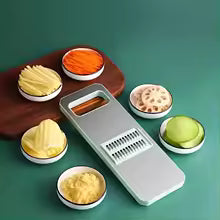 mandoline cuisine entourée de six découpes de légumes differentes