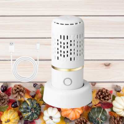 nettoyeur fruits et légumes blanc posé sur divers fruits et légumes, surfond boisé