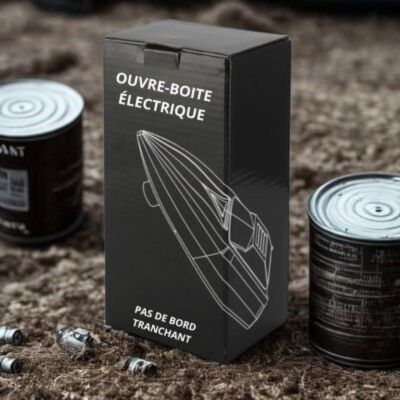 Boîte  noire OUVRE BOITE ÉLECTRIQUE avec illustration d’un boîtier et câbles; accessoires et boîtes métalliques autour.