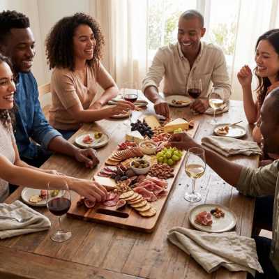 un groupe d'amis qui rigolent bien,  attablé autour d'une planche à découper en bois XXL garnie charcuteries, fromages, fruits, biscuits secs, pour l'apéritif au vin blanc.
