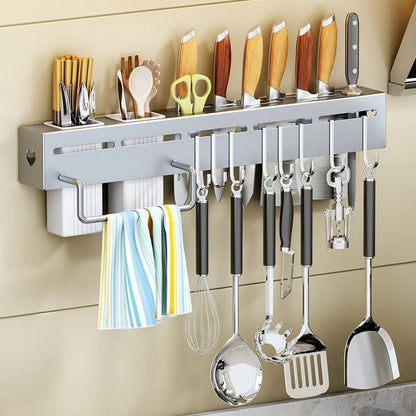 Porte-couteau mural multifonctions avec rangements: couteaux, ciseaux, outils, robinet, torchons et suspendus, accessoire en acier .