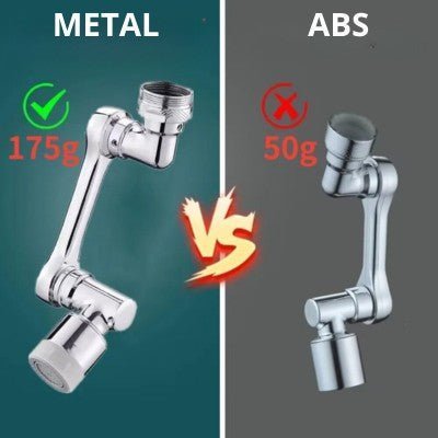 Robinet rotatif ROBI 1080™ à 1080° avec économe universel, comparaison métal (175 g) vs ABS (50 g), image produit et matériau.