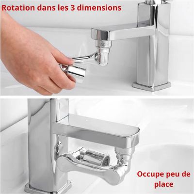 Robinet rotatif ROBI 1080° avec aérosateur universel: rotation 3D, démonstration de réglage et connexion à un robinet mural.