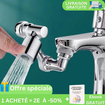 Robinet rotatif chromé avec aérateur universel et jets d’eau, démonstration de rotation et connexion au robinet, promotion “Offre spéciale” et livraison gratuite.