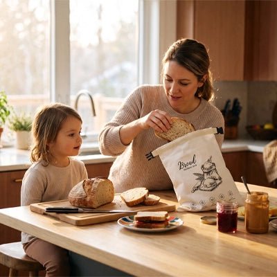 une maman sort du pain frais du sac à pain pour le gouter de sa fille, avec les pots de confiture devant elles