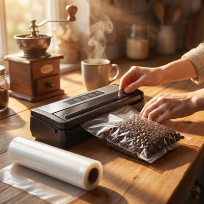 sac sous vide contenant des grains de café avec, à côté, un rouleau de sacs et un moulin à café