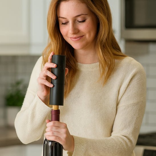 femme blonde souriante débouche une bouteille de vin avec le tire boucon electrique