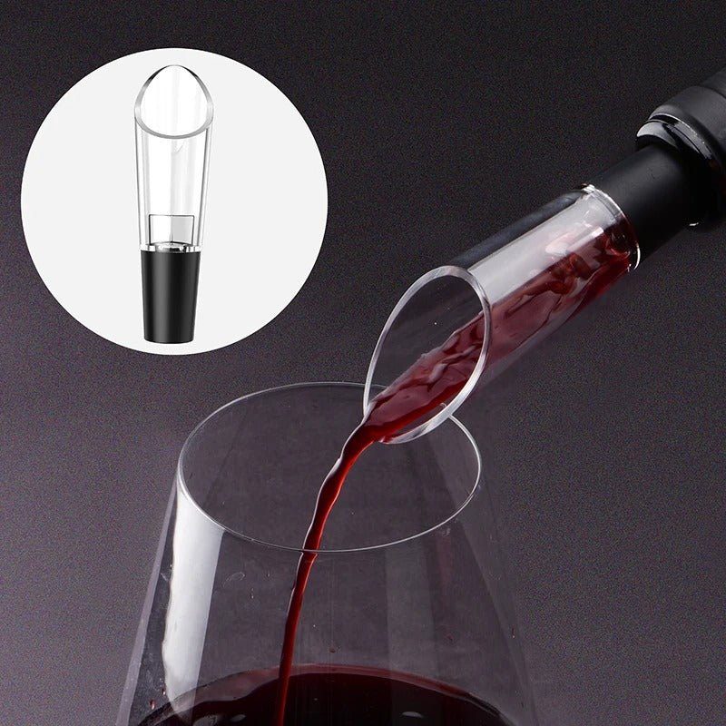 bouchon aérateur du tire bouchon électrique versant du vin rouge dans un verre ballon
