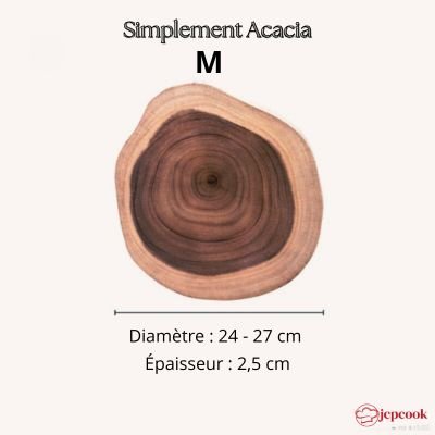 Planche à découper M en acacia: coupe transversale ronde avec bague d’écorce, diamètre 24–27 cm et épaisseur 2,5 cm.