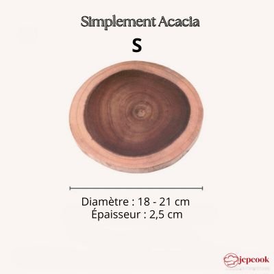 Planche à découper S en acacia simple, vue du dessus, forme ronde avec bord naturel, diamètre 18–21 cm, épaisseur 2,5 cm.