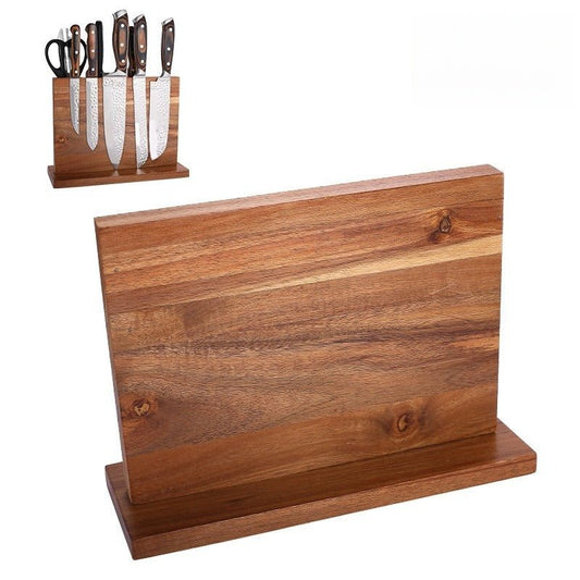 Support porte-couteaux magnétique en acacia avec couteaux et ciseaux, bloc debout en bois.